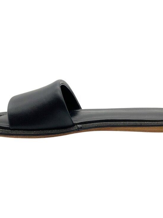 Brunello Cucinelli - Black Leather Monili Thong Sandal Brunello Cucinelli Black Leather Slide Sandals with Monili
